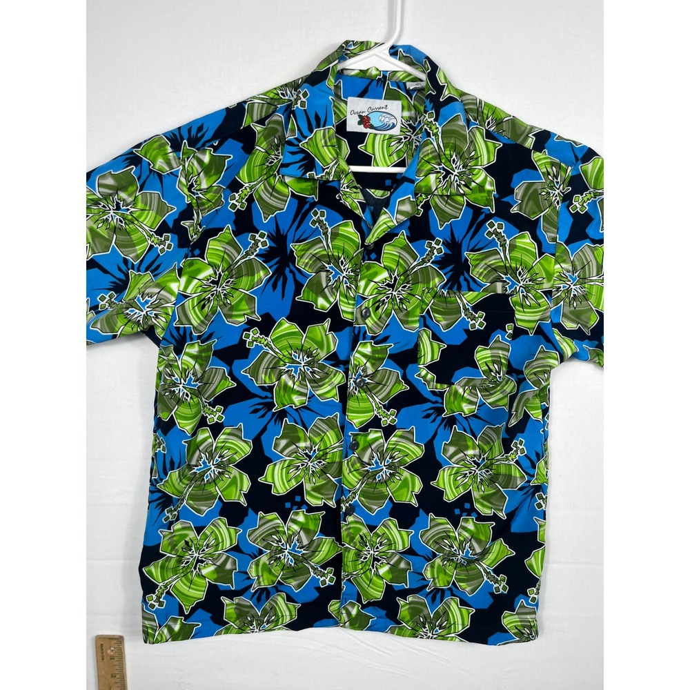 Ocean Current Hibiscus Floral Shirt Mens XL Short Sleeve Tropical Blue Green 247